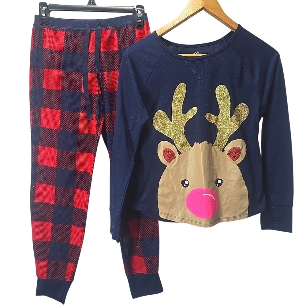 Justice Reindeer Pajama Set Girls 12 Navy Red Buffalo Plaid Holiday Sleepwear